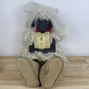 Rare Vintage 18” Wooden Sheep Shelf Sitter Real Wool Hinged Handcrafted Decor